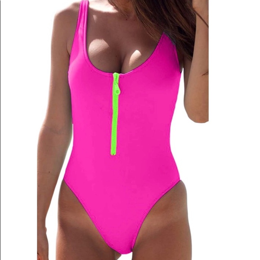 NEW Neon pink and green high cut one piece swim